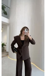 Wonder Bağcıklı Ceket Pantolon Takım - Kahve - Kod: 9035