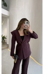 Wonder Bağcıklı Ceket Pantolon Takım - Mürdüm - Kod: 9035