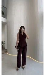 Lumiere Bele Oturan Sıfır Kol Düğmeli Takım - Mürdüm - Kod: 9041