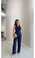 Lumiere Bele Oturan Sıfır Kol Düğmeli Takım - Lacivert - Kod: 9041