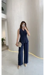 Lumiere Bele Oturan Sıfır Kol Düğmeli Takım - Lacivert - Kod: 9041