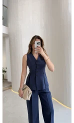 Lumiere Bele Oturan Sıfır Kol Düğmeli Takım - Lacivert - Kod: 9041