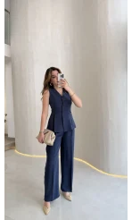 Lumiere Bele Oturan Sıfır Kol Düğmeli Takım - Lacivert - Kod: 9041