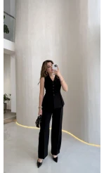 Lumiere Bele Oturan Sıfır Kol Düğmeli Takım - Siyah - Kod: 9041