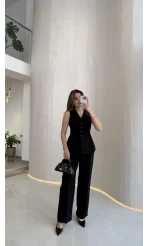 Lumiere Bele Oturan Sıfır Kol Düğmeli Takım - Siyah - Kod: 9041