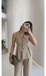 Lumiere Bele Oturan Sıfır Kol Düğmeli Takım - Vizon - Kod: 9041