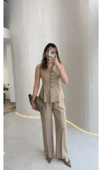 Lumiere Bele Oturan Sıfır Kol Düğmeli Takım - Vizon - Kod: 9041