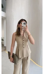 Lumiere Bele Oturan Sıfır Kol Düğmeli Takım - Vizon - Kod: 9041