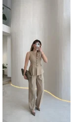 Lumiere Bele Oturan Sıfır Kol Düğmeli Takım - Vizon - Kod: 9041