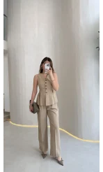 Lumiere Bele Oturan Sıfır Kol Düğmeli Takım - Vizon - Kod: 9041