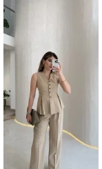 Lumiere Bele Oturan Sıfır Kol Düğmeli Takım - Vizon - Kod: 9041