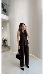 Lumiere Bele Oturan Sıfır Kol Düğmeli Takım - Kahve - Kod: 9041