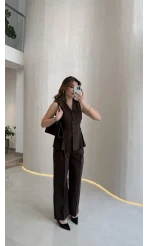 Lumiere Bele Oturan Sıfır Kol Düğmeli Takım - Kahve - Kod: 9041