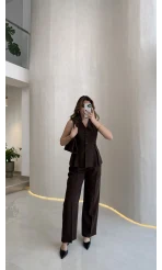 Lumiere Bele Oturan Sıfır Kol Düğmeli Takım - Kahve - Kod: 9041