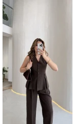 Lumiere Bele Oturan Sıfır Kol Düğmeli Takım - Kahve - Kod: 9041