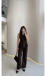 Lumiere Bele Oturan Sıfır Kol Düğmeli Takım - Kahve - Kod: 9041