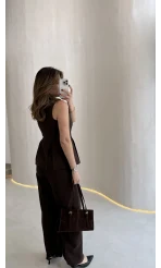 Lumiere Bele Oturan Sıfır Kol Düğmeli Takım - Kahve - Kod: 9041