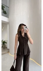 Lumiere Bele Oturan Sıfır Kol Düğmeli Takım - Kahve - Kod: 9041