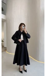 Serenity Pelerinli Denim Etek-Ceket Takım - Lacivert - Kod: 586