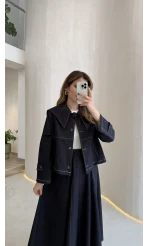 Serenity Pelerinli Denim Etek-Ceket Takım - Lacivert - Kod: 586