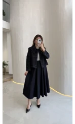 Serenity Pelerinli Denim Etek-Ceket Takım - Lacivert - Kod: 586