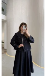 Serenity Pelerinli Denim Etek-Ceket Takım - Lacivert - Kod: 586