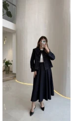 Serenity Pelerinli Denim Etek-Ceket Takım - Lacivert - Kod: 586