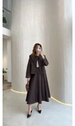 Serenity Pelerinli Denim Etek-Ceket Takım - Kahverengi - Kod: 586