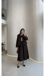 Serenity Pelerinli Denim Etek-Ceket Takım - Kahverengi - Kod: 586