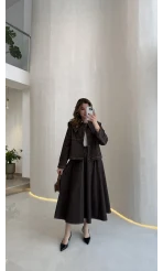 Serenity Pelerinli Denim Etek-Ceket Takım - Kahverengi - Kod: 586