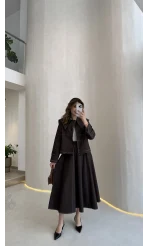 Serenity Pelerinli Denim Etek-Ceket Takım - Kahverengi - Kod: 586