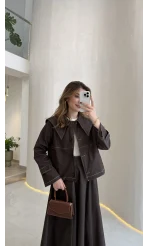 Serenity Pelerinli Denim Etek-Ceket Takım - Kahverengi - Kod: 586