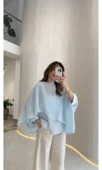 Uçuşan Pelerin Bluz - Açık Mavi - Kod: 5026