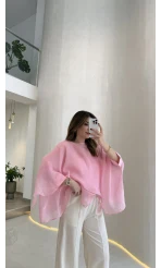 Uçuşan Pelerin Bluz - Açık Pembe - Kod: 5026