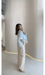 Bol Paça Bağcıklı Pantolon - Taş - Kod: 8454