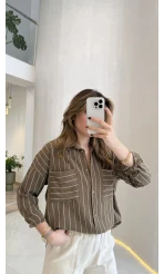 Sheep Çizgili Gömlek - Haki-Beyaz Çizgili - Kod: 2217