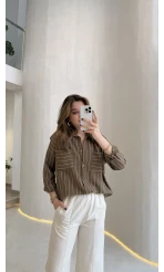 Sheep Çizgili Gömlek - Haki-Beyaz Çizgili - Kod: 2217