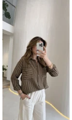 Sheep Çizgili Gömlek - Haki-Beyaz Çizgili - Kod: 2217