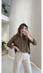 Sheep Çizgili Gömlek - Haki-Beyaz Çizgili - Kod: 2217