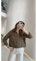 Sheep Çizgili Gömlek - Haki-Beyaz Çizgili - Kod: 2217