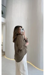 Sheep Çizgili Gömlek - Haki-Beyaz Çizgili - Kod: 2217