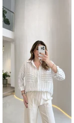 Sheep Çizgili Gömlek - Gri-Beyaz - Kod: 2217