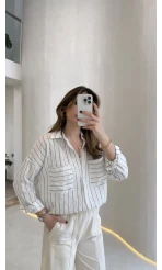 Sheep Çizgili Gömlek - Gri-Beyaz - Kod: 2217