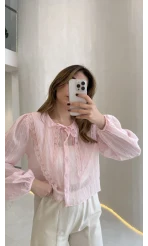 Tesoro Bebe Yaka Dantel Bluz - Pembe - Kod:2223