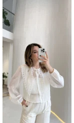 Tesoro Bebe Yaka Dantel Bluz - Beyaz - Kod:2223