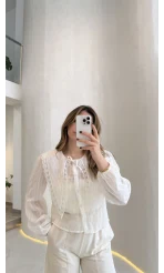 Tesoro Bebe Yaka Dantel Bluz - Beyaz - Kod:2223