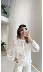 Tesoro Bebe Yaka Dantel Bluz - Beyaz - Kod:2223
