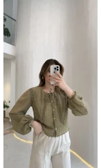 Tesoro Bebe Yaka Dantel Bluz - Haki - Kod:2223