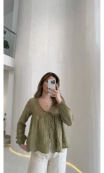 Elera Püskül Dokulu Bağlamalı Gömlek - Haki - Kod: 2248