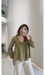 Elera Püskül Dokulu Bağlamalı Gömlek - Haki - Kod: 2248